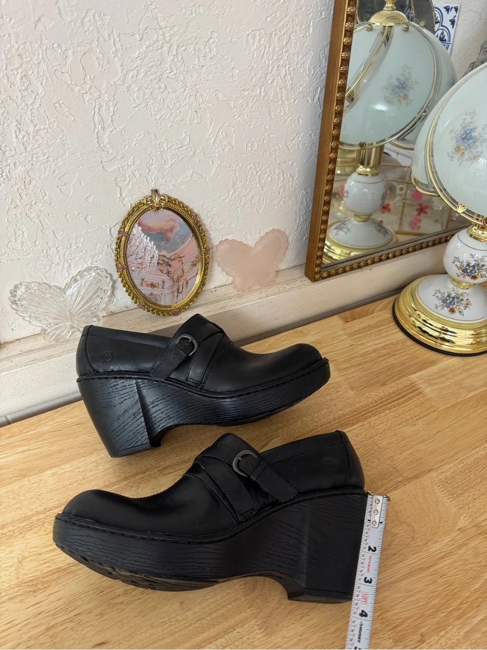 Y2K Chunky Born Black Leather Platform Clogs Mary Jane Comfort Heels Size 11